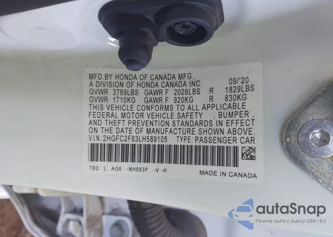 2020 Honda Civic Sport из США, поврежденный, VIN 2HGFC2F83LH589105